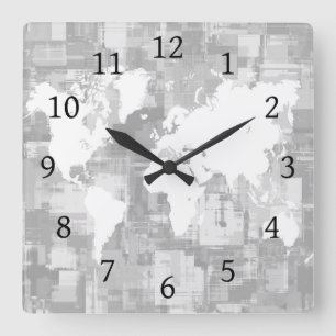 Design 71 Grey white World Map Square Wall Clock
