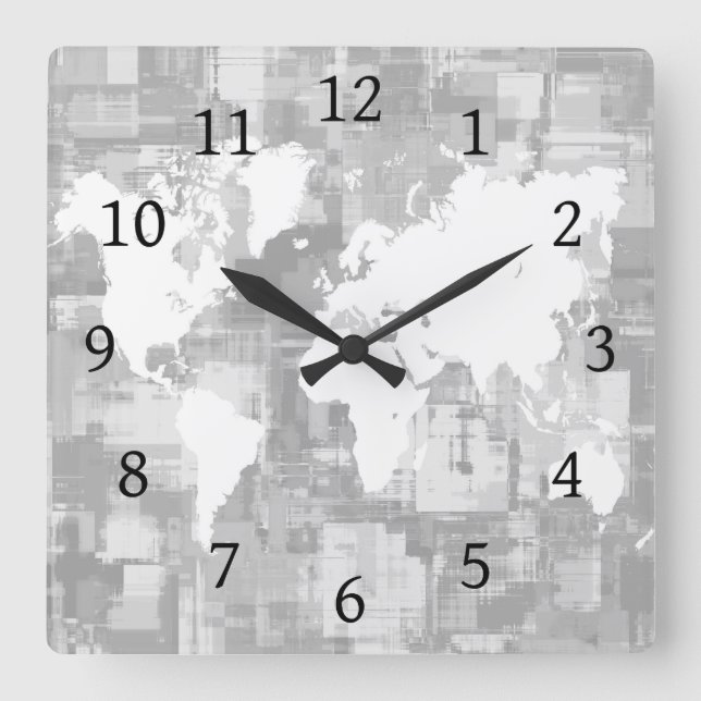 Design 71 Grey white World Map Square Wall Clock (Front)