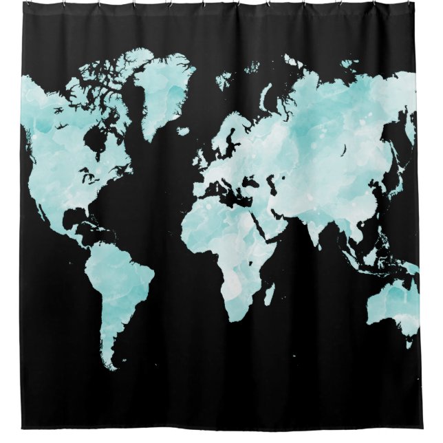 Design 72 black aqua blue world map shower curtain (Front)