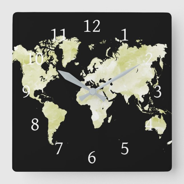 Design 73 black green world map square wall clock (Front)