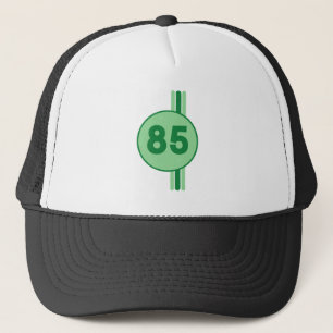 Design 85 in green on mint green with stripes trucker hat