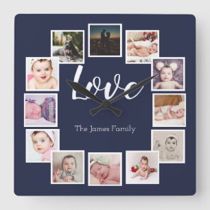 Design a 12 Photo Collage Personalised Blue Square Wall Clock
