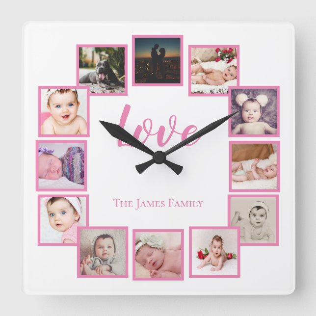 Design a 12 Photo Collage Personalized Pink Square Wall Clock (Front)