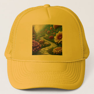 Design a dreamlike scene of a garden with flower trucker hat