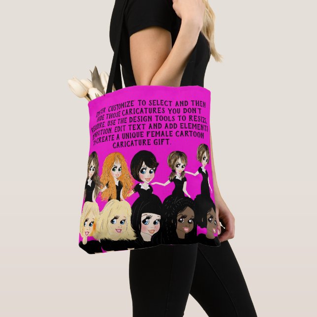 Design a Female Cartoon Caricature Gift with Text Tote Bag (Close Up)