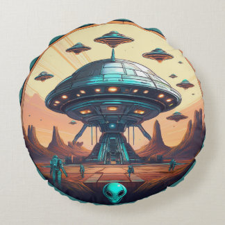 Design a futuristic scene of a space station round cushion