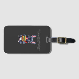 Design a shirt featuring a dog eating sausages. luggage tag