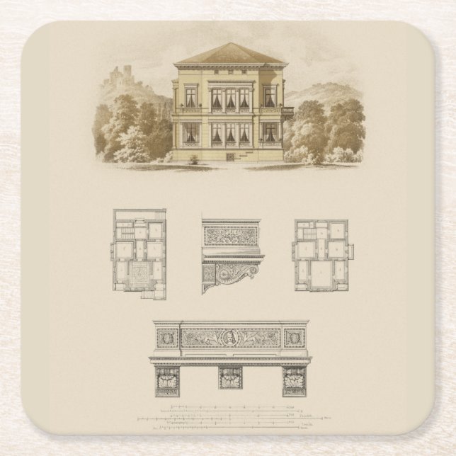 Design for an Estate with Interior Plans Square Paper Coaster (Front)