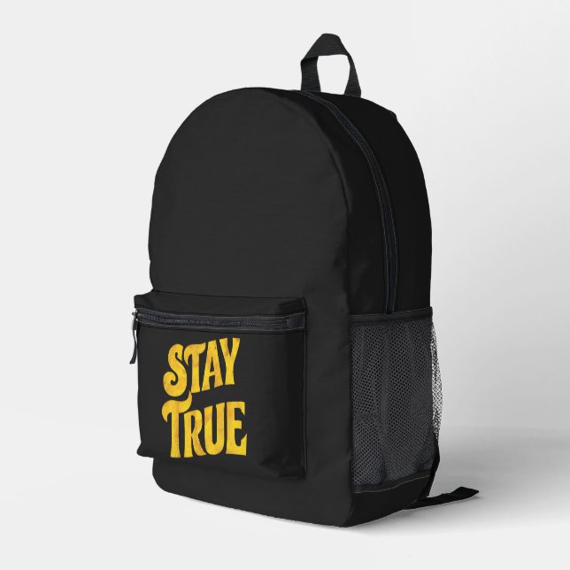 Design Motivating 'Stay True' in Textured Gold Printed Backpack (Back Corner Right)