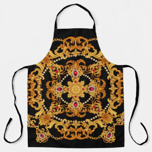 Design of silk scarf with ruby gem stones and gold apron