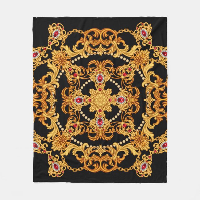 Design of silk scarf with ruby gem stones and gold fleece blanket (Front)
