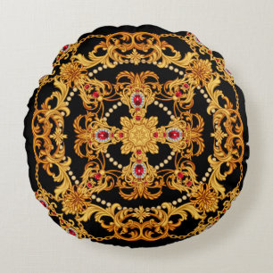 Design of silk scarf with ruby gem stones and gold round cushion
