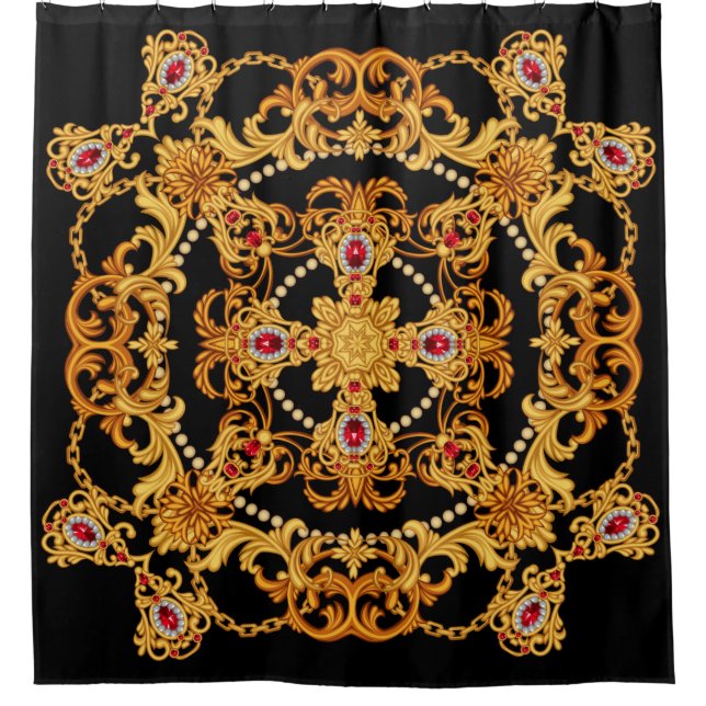 Design of silk scarf with ruby gem stones and gold shower curtain (Front)