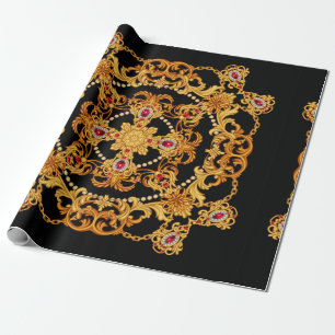 Design of silk scarf with ruby gem stones and gold wrapping paper