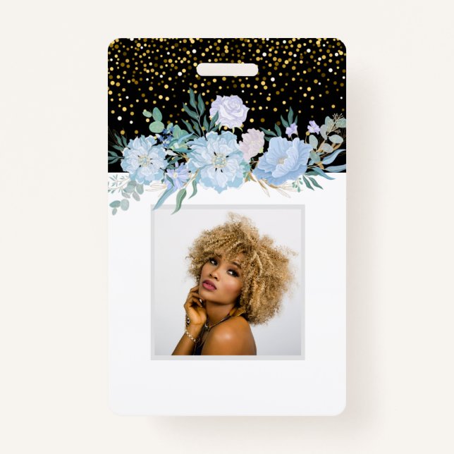 Design Own Blue Floral Business or Event Stationer ID Badge (Front)