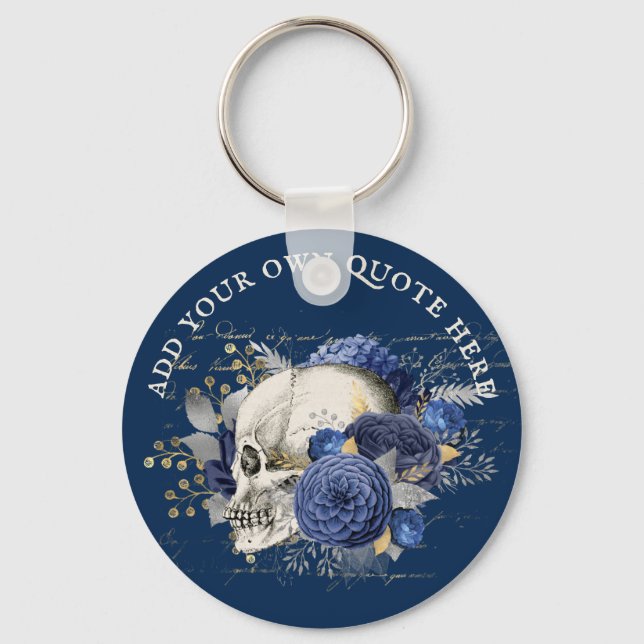 Design Own Gothic Skull Blue Roses Goth Death Key Ring (Front)