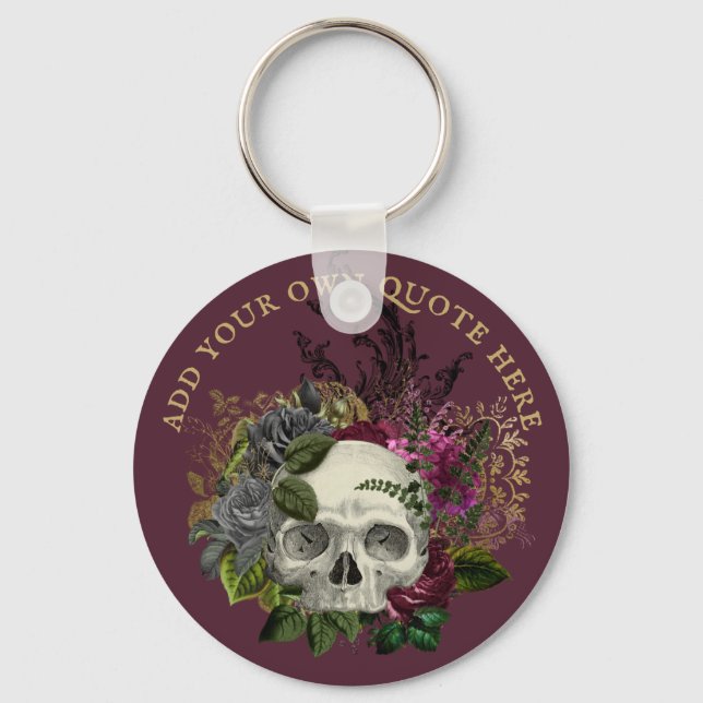 Design Own Gothic Skull Burgundy Roses Goth Death Key Ring (Front)
