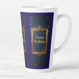 Design with a golden frame on a navy blue colour latte mug