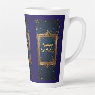 Design with a golden frame on a navy blue colour latte mug