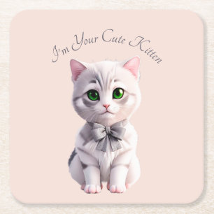 Design with cute grey kitten square paper coaster