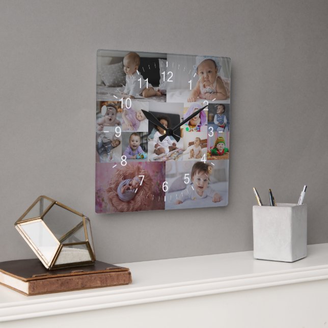 Design Your Own 13 Photo Collage Square Wall Clock (Office)