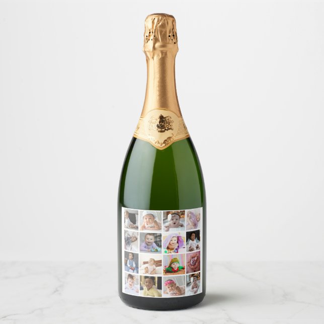 Design Your Own 16 Photo Collage Sparkling Wine Label (Front)