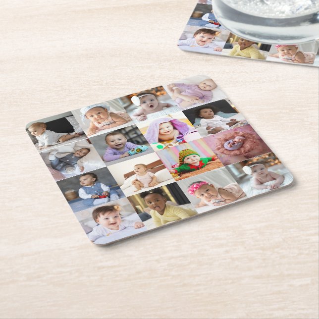 Design Your Own 16 Photo Collage Square Paper Coaster (Angled)