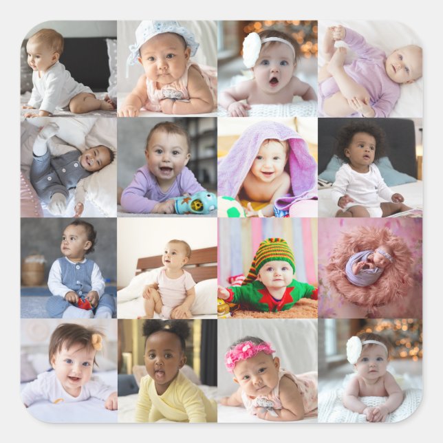 Design Your Own 16 Photo Collage Square Sticker (Front)