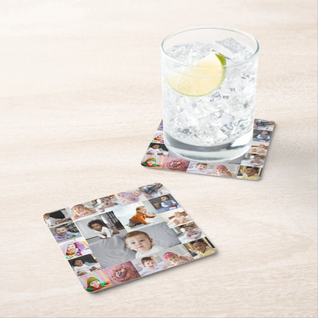 Design Your Own 19 Photo Collage Square Paper Coaster (Insitu)