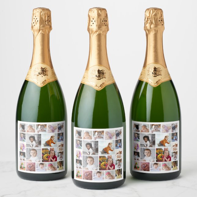 Design Your Own 20 Photo Collage Sparkling Wine Label (Bottles)
