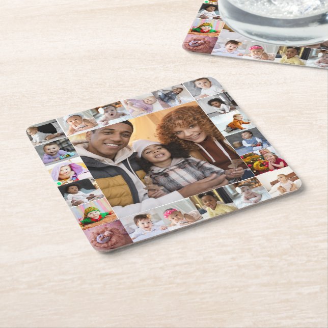 Design Your Own 21 Photo Collage Square Paper Coaster (Angled)