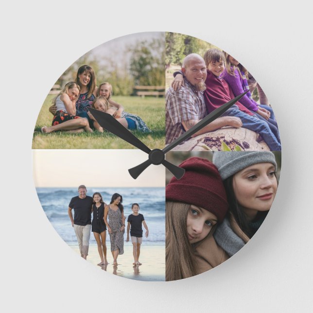Design Your Own 4 Photo Collage Round Clock (Front)