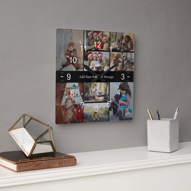Design Your Own 9 Photo Collage Square Wall Clock (Office)