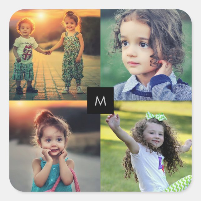 Design your own family photo collage monogrammed square sticker (Front)