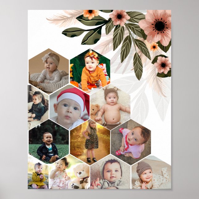 Design Your Own Floral 12 Photo Collage Poster (Front)