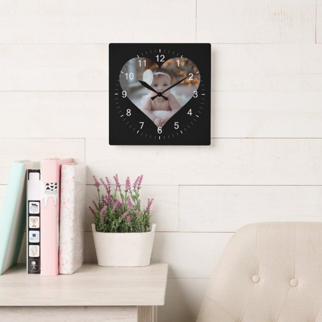 Design Your Own Single Heart Shaped Photo Square Wall Clock (Reading Room)