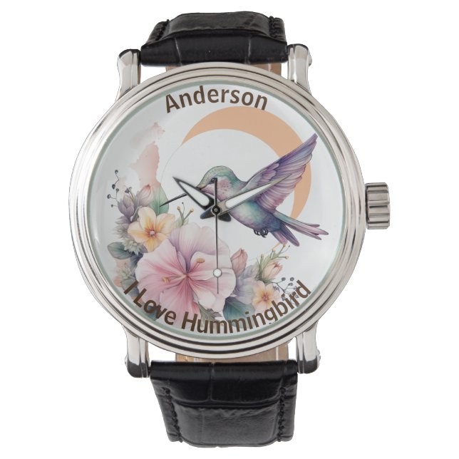 Design Your Own Watercolor Hummingbird Custom Name Watch (Front)