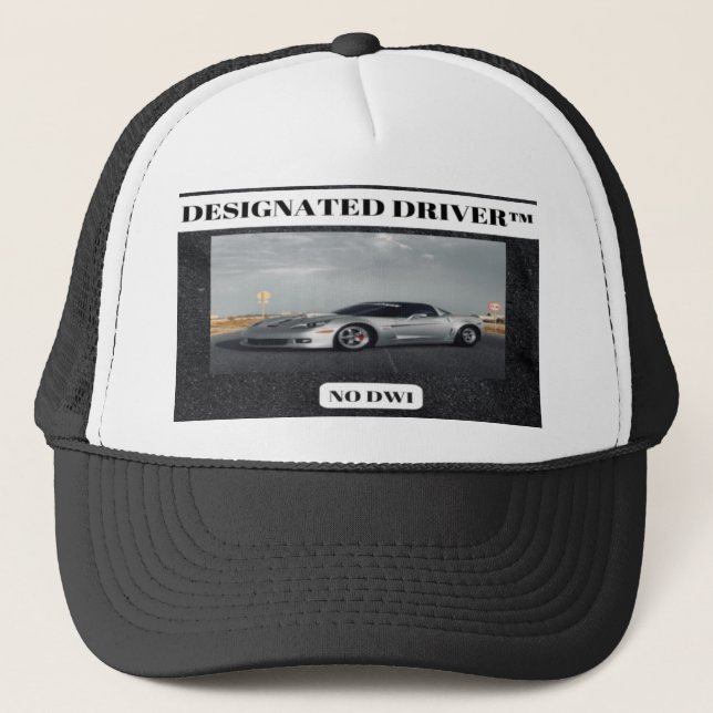 Designated Driver Corvette Black and White Trucker Hat (Front)