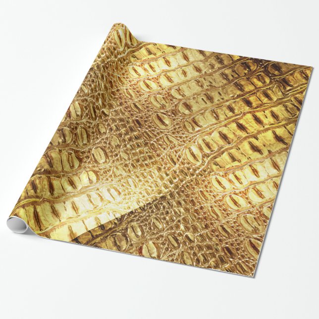 Designer Alligator Crocodile Skin Shiny Gold Brown Wrapping Paper (Unrolled)