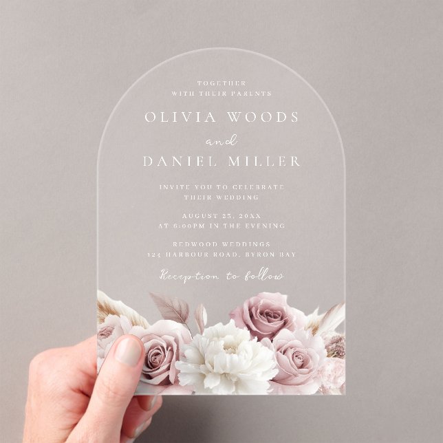 Designer Arch Blush Rose & White Floral Wedding Acrylic Invitations (Insitu (Handheld))