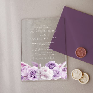 Designer Arch Purple & White Floral Wedding Acrylic Invitations