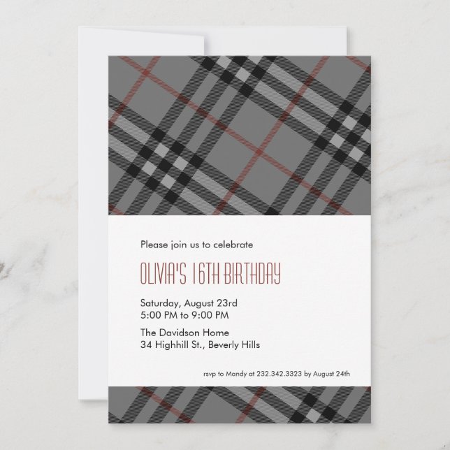 Designer Black Plaid Invitations (Front)