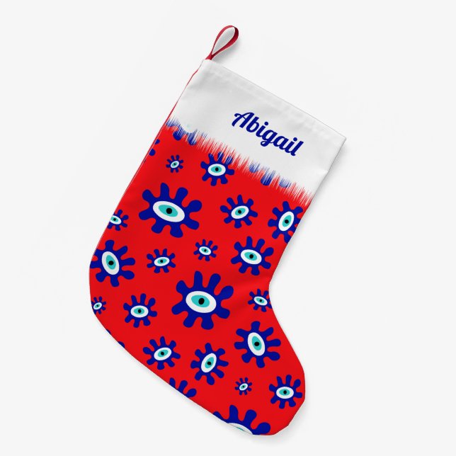 Designer Blue and White Greek Eye Pattern Small Christmas Stocking (Front (Hanging))
