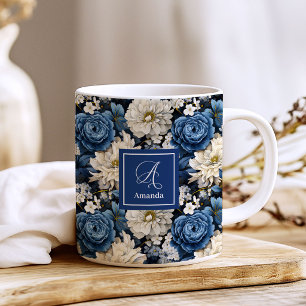 Designer Blue Flowers Personalised Coffee Mug