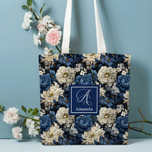 Designer Blue Flowers Personalised Tote Bag