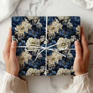Designer Blue Ivory Floral Elegant Wrapping Paper