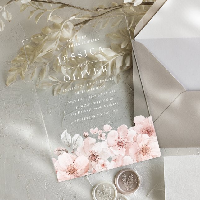 Designer Blush Floral All Seasons Wedding Acrylic Invitations (Creator Uploaded)