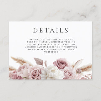 Designer Boho Blush Floral Wedding Details Enclosure Card