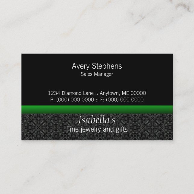 Designer Damask Business Card, Vibrant Green Business Card (Front)