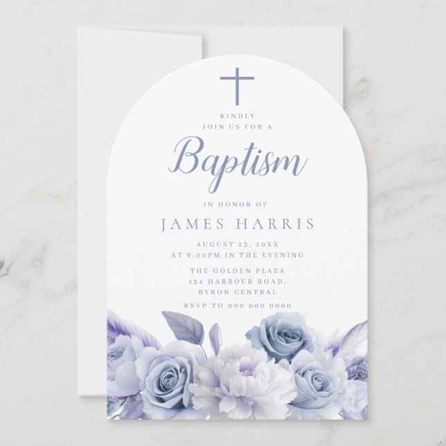 Designer Dusty Blue Floral Boy or Girl Baptism Invitation (Front)